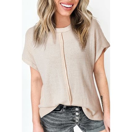 Pale Khaki Solid Color Textured Seamed Short Sleeve Top