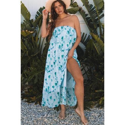 Green Floral Print Ruffled Side Slit Tube Top Maxi Dress