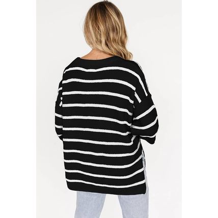 Black Stripe Henley Buttoned Placket Drop Shoulder Bracelet Sleeve Knit Sweater