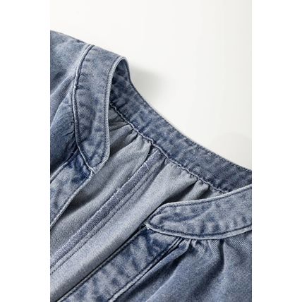 Dusk Blue V Neck Ruffled Short Puff Sleeve Denim Top