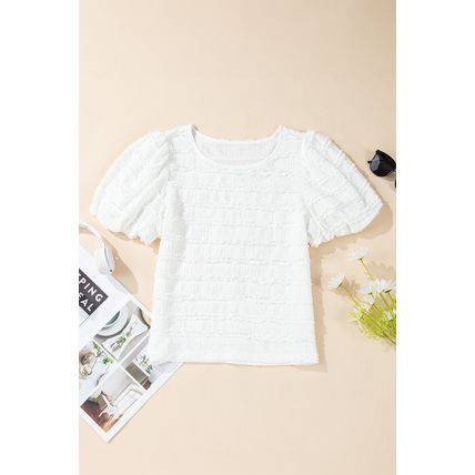 White Frilled Lace Trim Bubble Sleeve Blouse