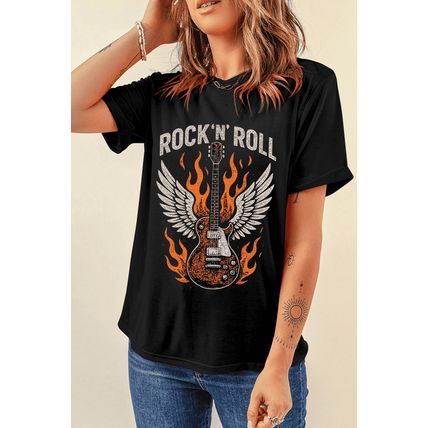 Black Guitar Wings Slogan Print Crew Neck T Shirt