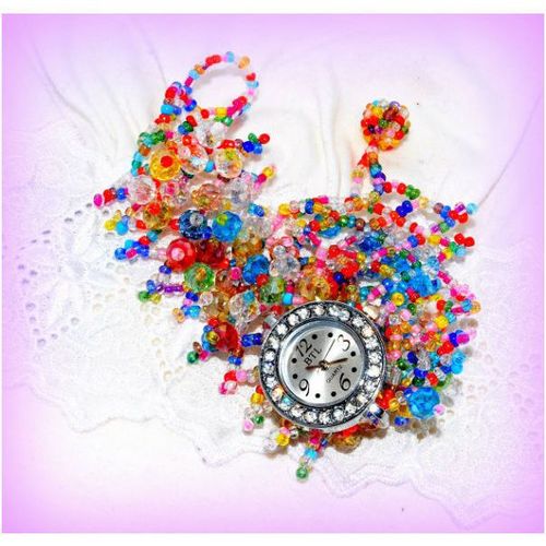 Stylish Clear Crystal Dress Wrist Watch Coloured Bead Watchband Jewellery 1016