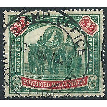 Federated Malay States 1926 SG78 $2 Green & Carmine Fine Used ....