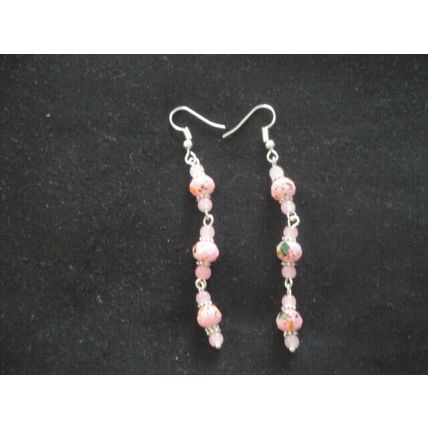 Special red green yellow on pink & pink glass long drop swing earrings