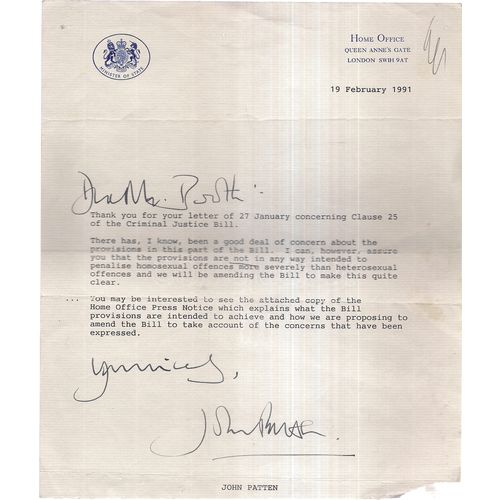 letter from John Patten, M.P. (Oxford West & Abingdon) 1991 Home Office heading=