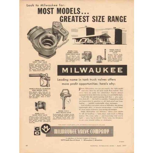 MILWAUKEE VALVE COMPANY 1957 most models tank truck profit vintage ad
