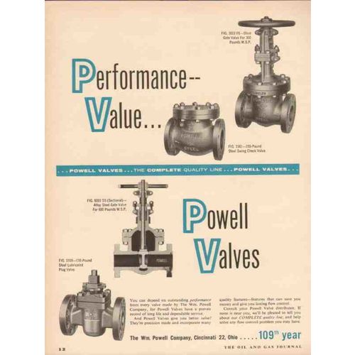 WM POWELL COMPANY 1955 performance value gate check valves vintage ad