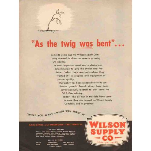 WILSON SUPPLY COMPANY 1955 twig was bent oil gas equipment vintage ad