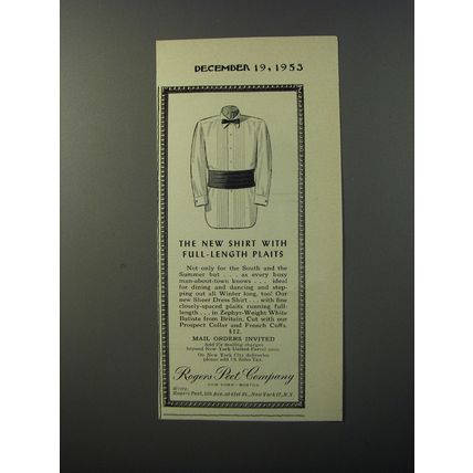 1953 Rogers Peet Dress Shirt Ad - The new shirt with full-length plaits