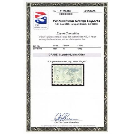 998, Mint Superb NH 3¢ - PSE Graded 98 Certificate - Stuart Katz