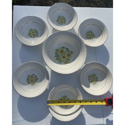 VTG MCM- 6 Coupe Cereal Bowls & 1 Serving Bowl- Staffordshire England Summertime