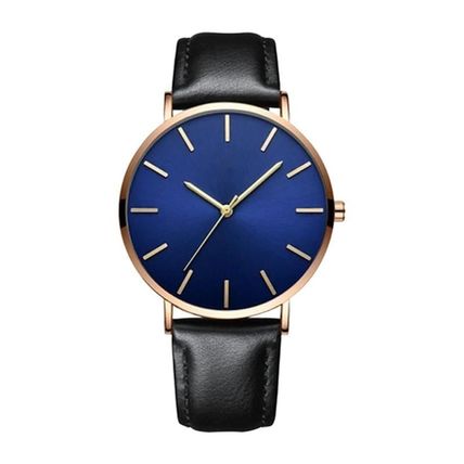 Blue Ultra Thin 6.5 mm Face Black Genuine Leather Strap Rose GOLD BUCKLE Watch