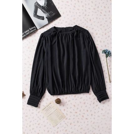 Black Padded Shoulder Buttoned Cuffs Pleated Loose Blouse