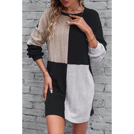 Black Ribbed Color Block Drop Shoulder Long Sleeve Mini Dress