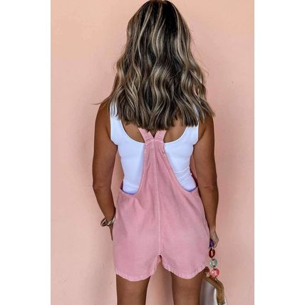 Pink Solid Color Knot Straps Denim Romper with Pockets