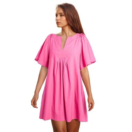 Bonbon Split V Neck Short Flutter Sleeve Pleated Shift Dress