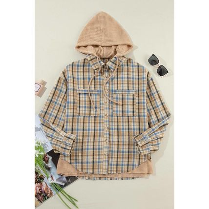 Ashleigh Blue Waffle Knit Patchwork Hooded Plaid Shacket