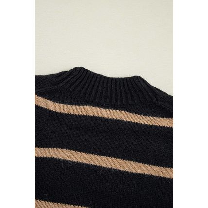 Black Stripe Buttoned V Neck Drop Shoulder Loose Cardigan