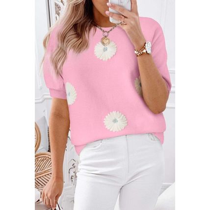 Pink Flower Pattern Short Sleeve Knitted Top