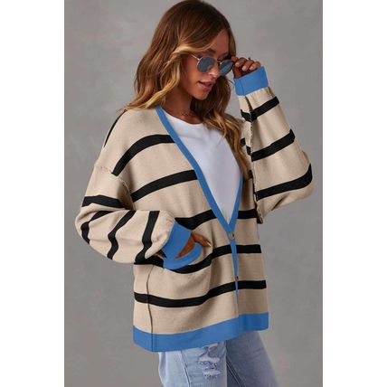 White Colorblock Drop Shoulder Buttoned Loose Cardigan