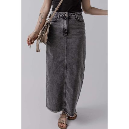 Dark Grey Denim Raw Hem Back Split High Waist Long Skirt