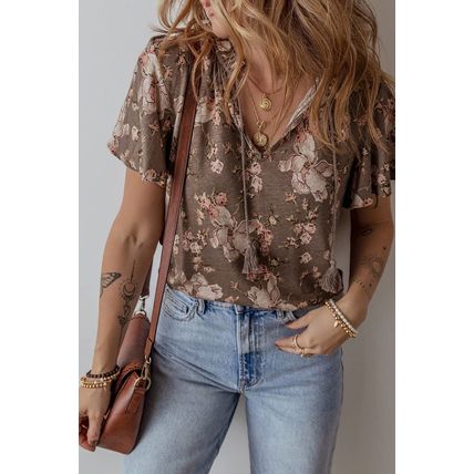 Khaki Retro Floral Print Tassel Tie Split Neck Short Sleeve Blouse