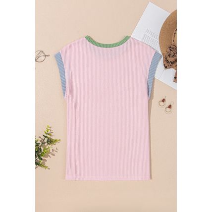 Pink Colorblock Edge Twisted Rib Texture Sequin American Flag Casual T Shirt