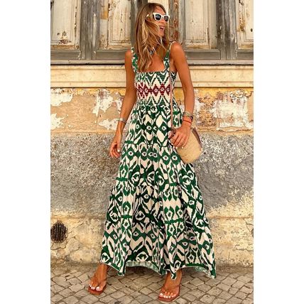 Green Western Aztec Shirred A-line Sleeveless Maxi Dress