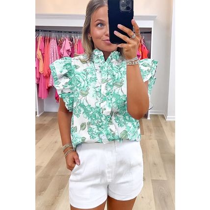 Green Floral Print Ruffle Sleeve Frilly Button Up Shirt