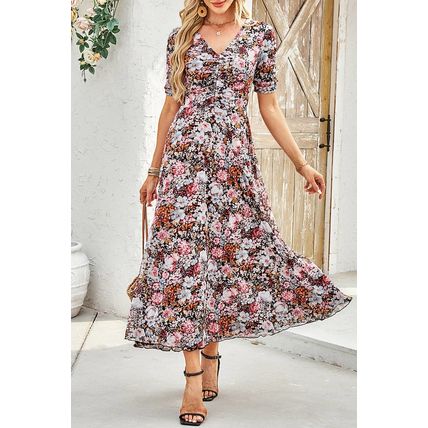 Brown Mesh Leopard Floral Reversible V Neck Short Sleeve Dress