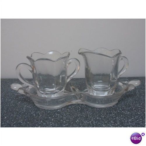 Vintage Glass Mini Sugar & Creamer w/Matching Tray