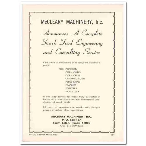 mccleary machinery inc 1967 complete snack food equipment vintage ad