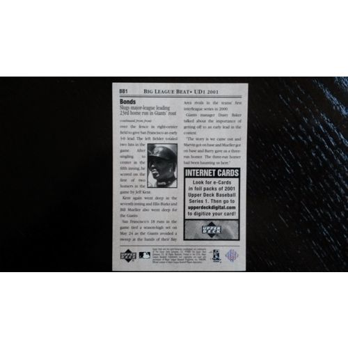 2001 Upper Deck Big League Beat Card # BB01 Barry Bonds Ex (5) S. F. Giants