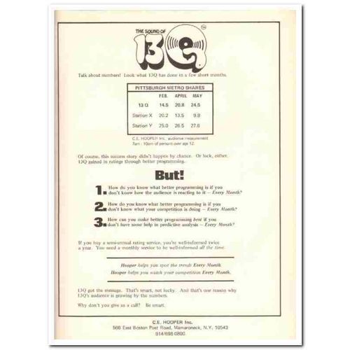 C E HOOPER INC 1973 Pittsburgh PA 13Q radio broadcast media vintage ad