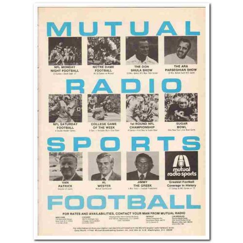MUTUAL BROADCASTING SYSTEM 1973 Radio Sports Football media vintage ad