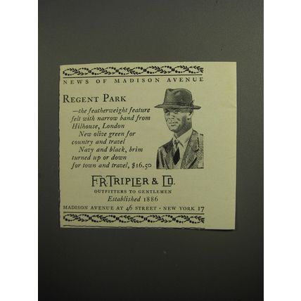 1951 F.R. Tripler & Co. Hillhouse Regent Park Hat Ad - News of Madison Avenue