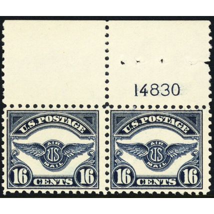C5, Mint FVF NH 16¢ Pair of Airmail Stamps With PL# CV $240 * Stuart Katz