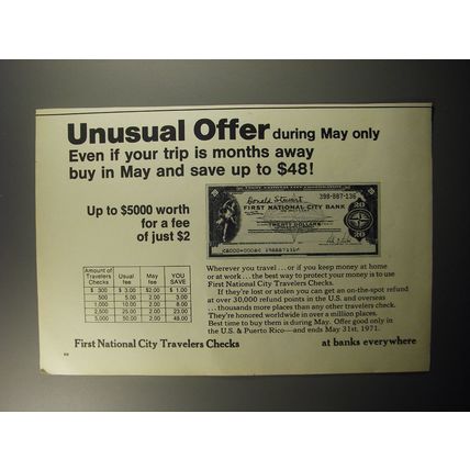 1971 First National City Travelers Checks Ad - Unusual offer during May only