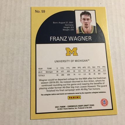 2021 Panini Chronicles Hoops Draft Picks Michigan / Orlando Magic Franz Wagner R