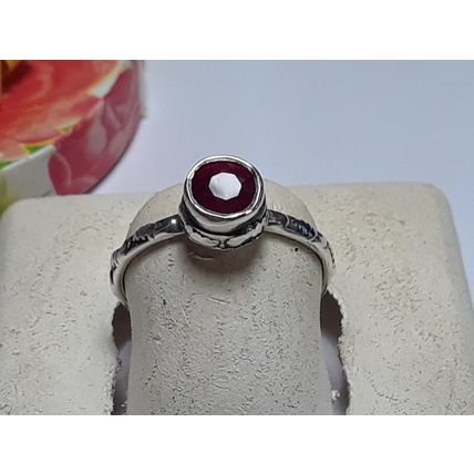 1/2ct Natural Round Ruby bezel Sterling Silver sculpted & etched Band Ring#20075