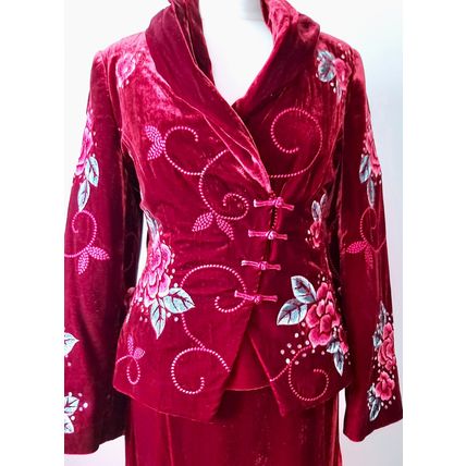 Kaliko red velvet silk suit 3 piece maxi skirt jacket top full length christmas