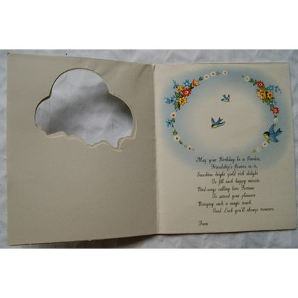 Vintage unused Birthday card W&K Artesque - blue birds over cottage