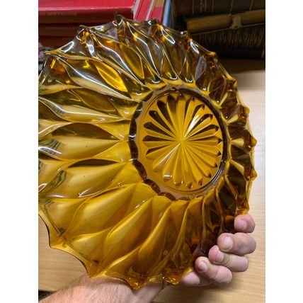 RARE* VINTAGE GOTHIC AMBER GLASS SUNBURST 29.5cm WIDE 1.3kg LARGE BOWL (P8) AB