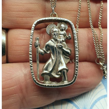 Vintage 925 Sterling Silver Large St Christopher Medallion Pendant Necklace 1970