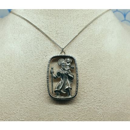 Vintage 925 Sterling Silver Large St Christopher Medallion Pendant Necklace 1970