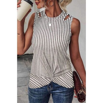 Gray Striped Cutout Twist Front Tank Top