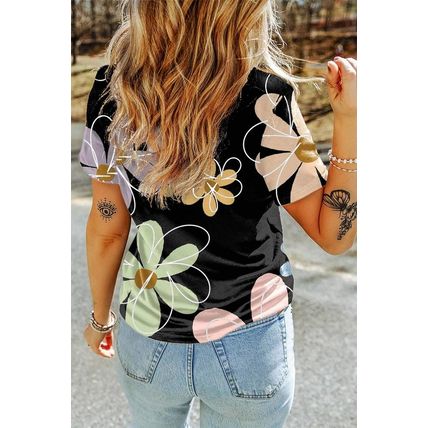 Black Summer Flower Print Casual Round Neck T Shirt