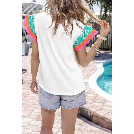 White Contrast Ricrac Floral Sleeve Top