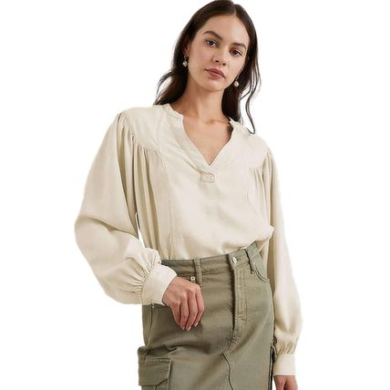 White Solid Color Lantern Sleeve Notched V Neck Blouse